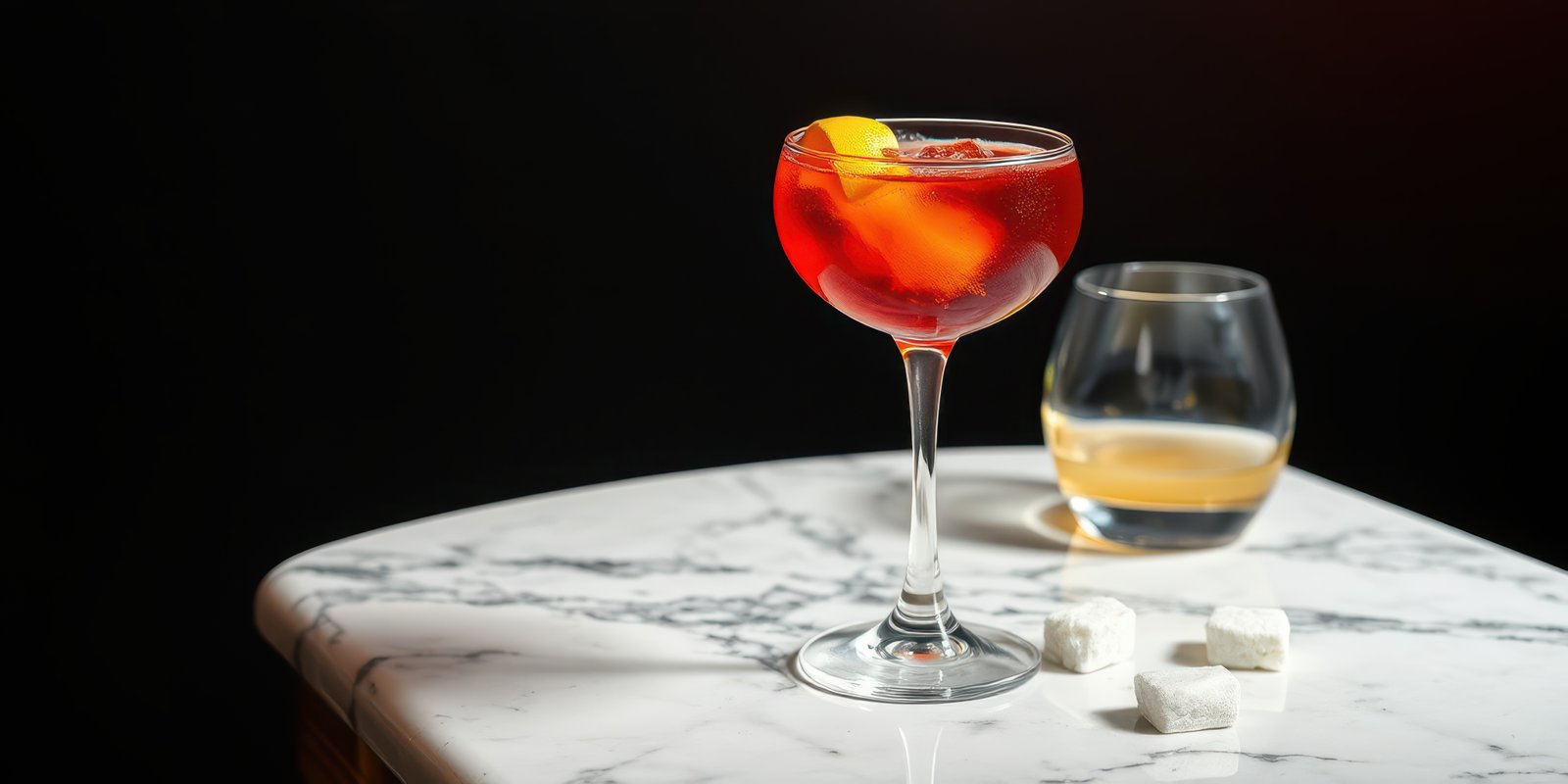 Vibrant cocktail served in elegant glass on marble table with whiskey in background and sugar cubes beside it